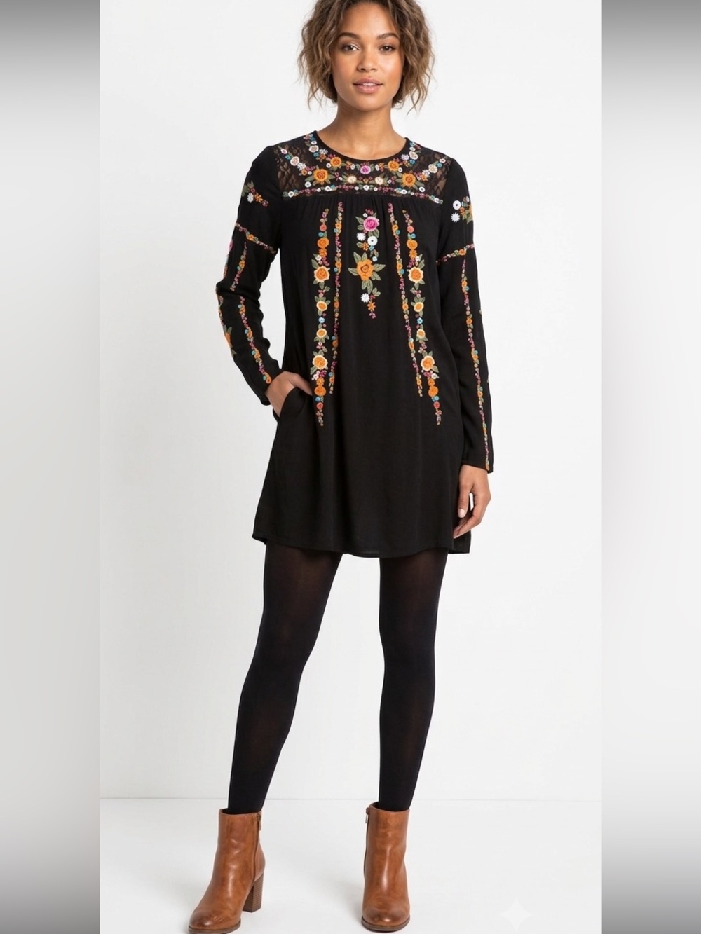 Altar'd State Black Tunic with Multicolor Floral Embroidery